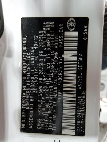 2012 Toyota Camry Base VIN: 4T4BF1FK8CR261154 Lot: 50344514