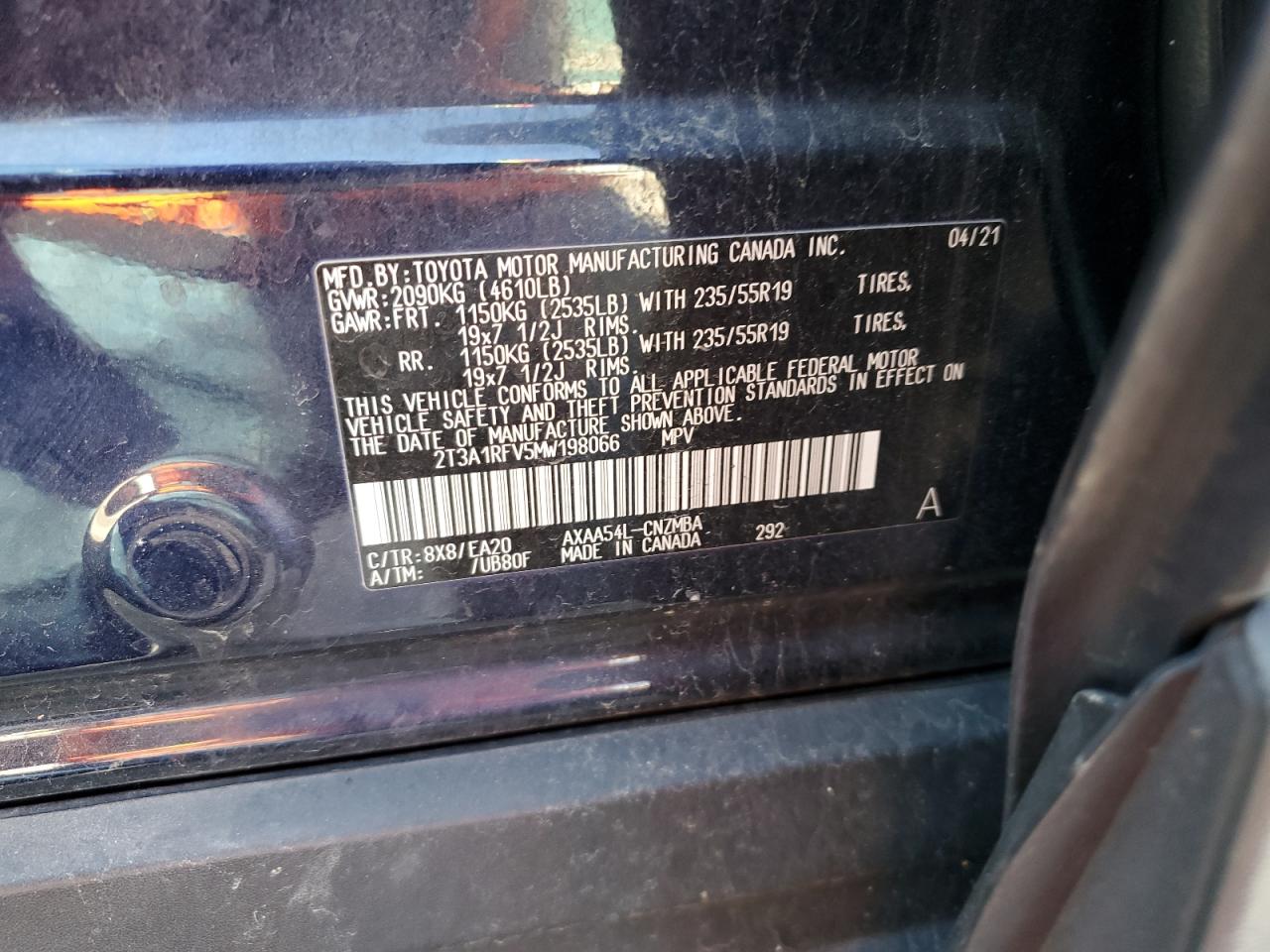 2T3A1RFV5MW198066 TOYOTA RAV4 2021
