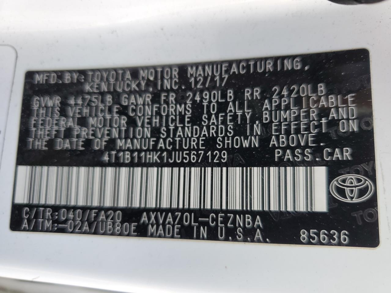 4T1B11HK1JU567129 2018 Toyota Camry L