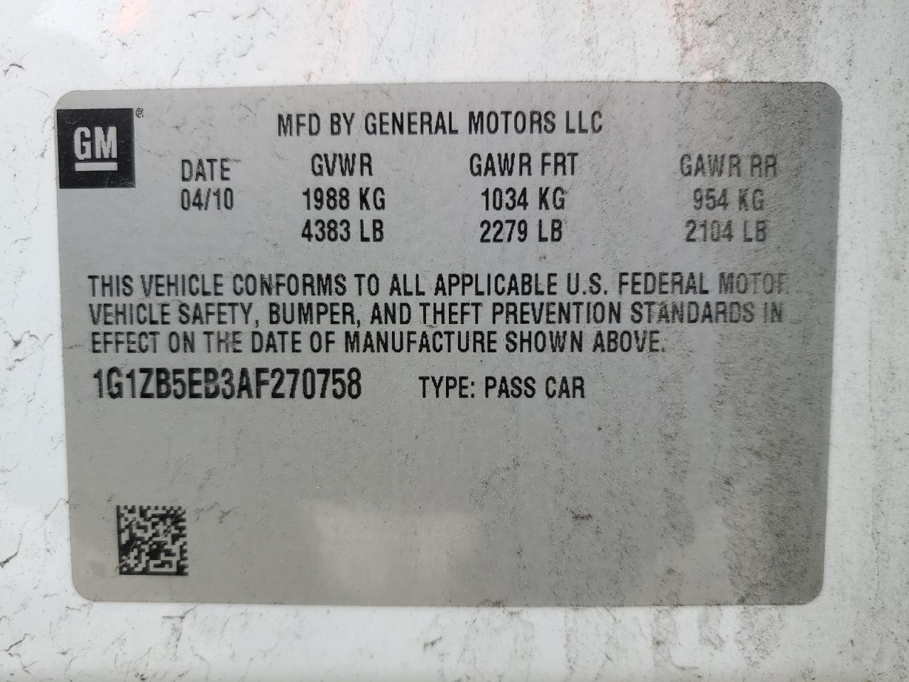 1G1ZB5EB3AF270758 2010 Chevrolet Malibu Ls