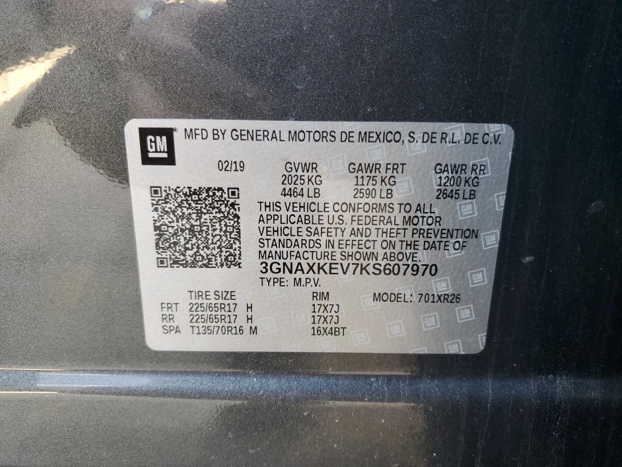 3GNAXKEV7KS607970 2019 Chevrolet Equinox Lt