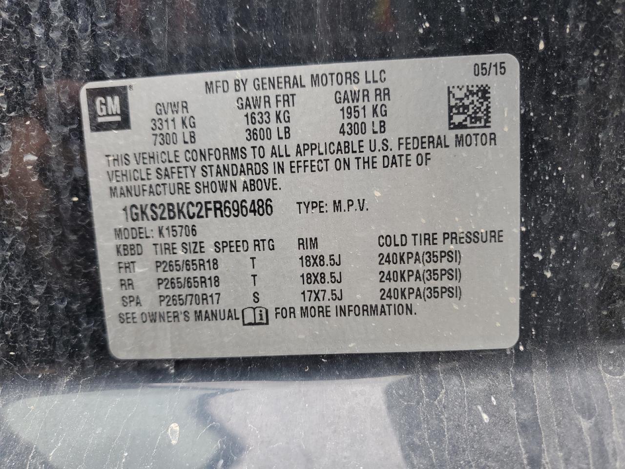 1GKS2BKC2FR696486 2015 GMC Yukon Slt