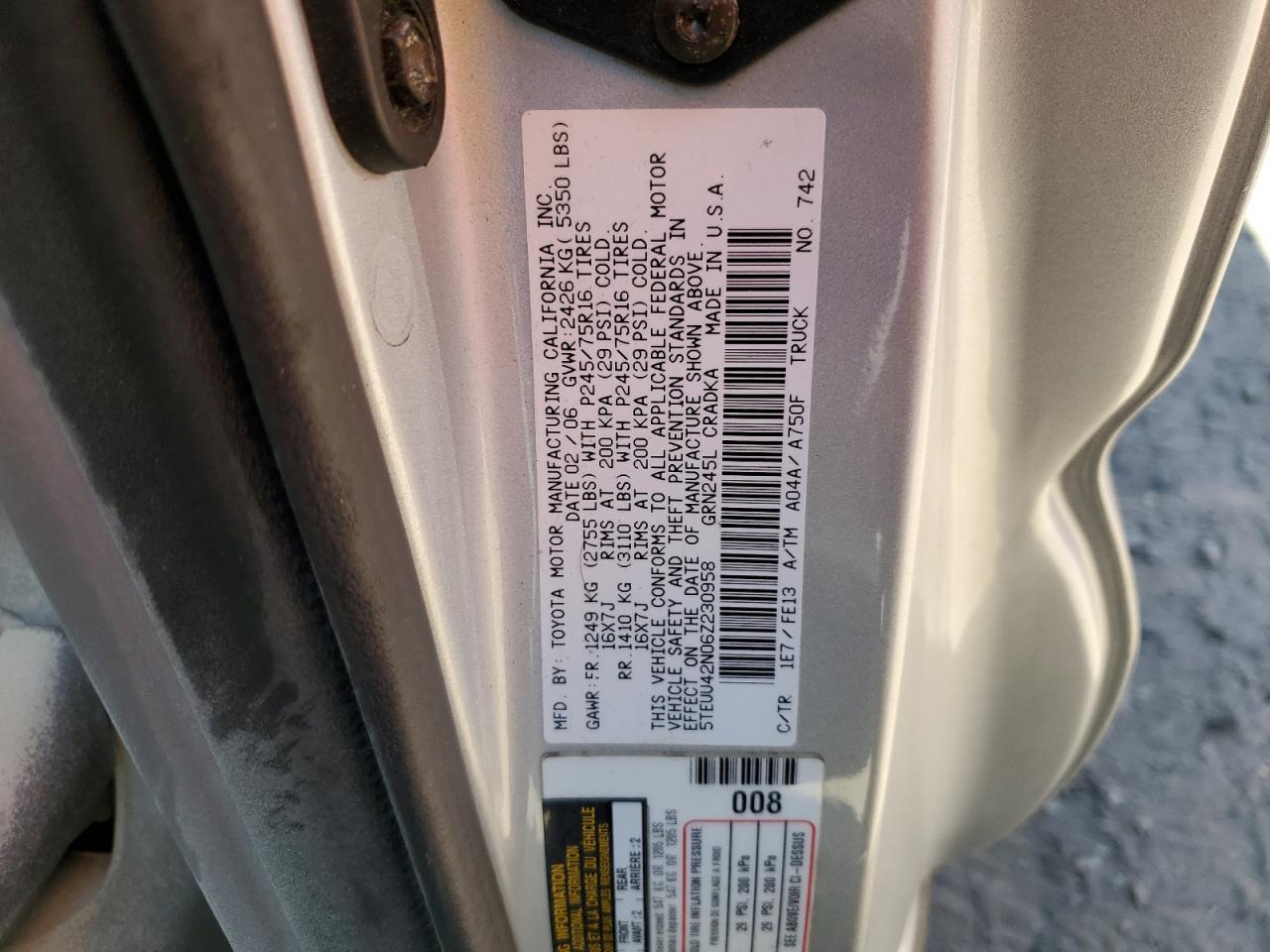 5TEUU42N06Z230958 2006 Toyota Tacoma Access Cab