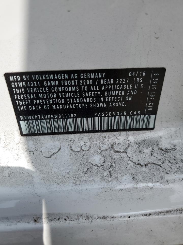 2016 Volkswagen E-Golf Se vin: WVWKP7AU0GW911192