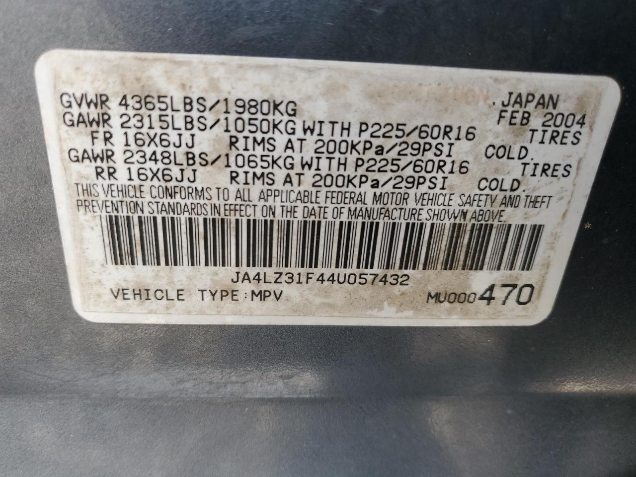 JA4LZ31F44U057432 2004 Mitsubishi Outlander Ls