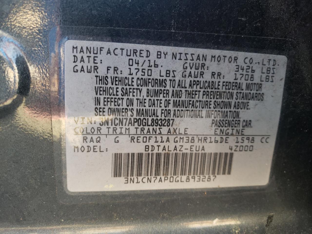 3N1CN7AP0GL893287 2016 Nissan Versa S