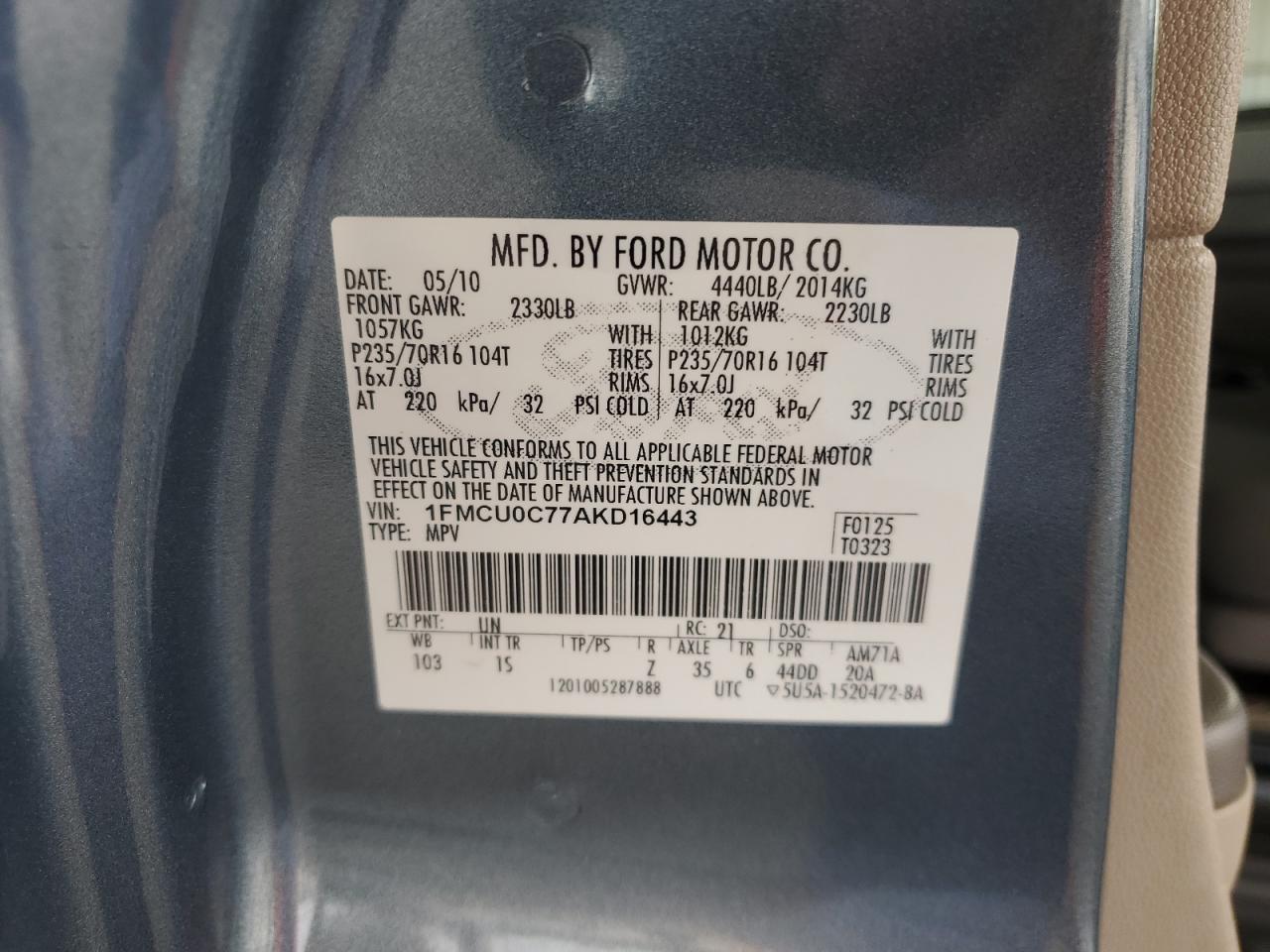 1FMCU0C77AKD16443 2010 Ford Escape Xls