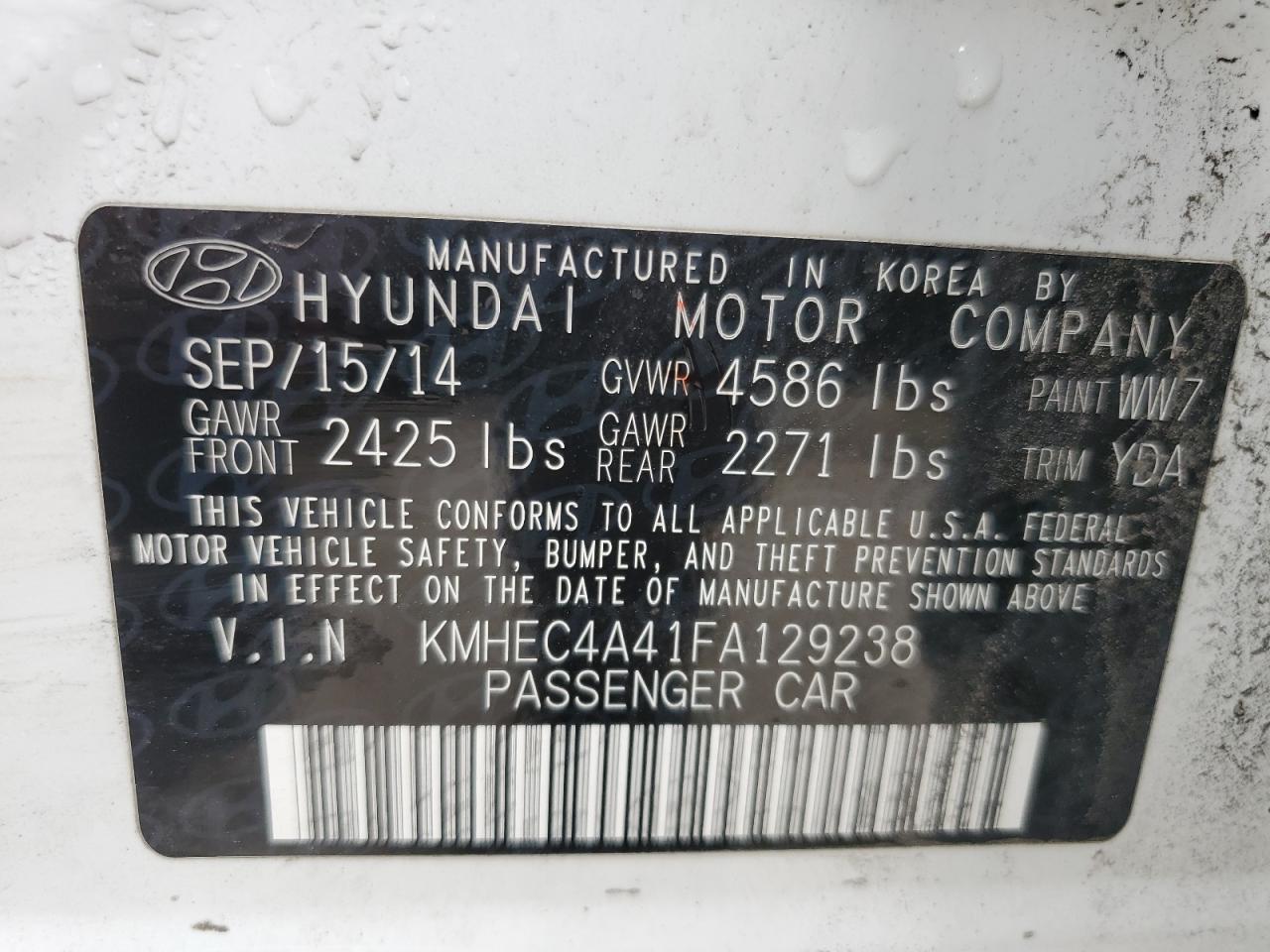 KMHEC4A41FA129238 2015 Hyundai Sonata Hybrid