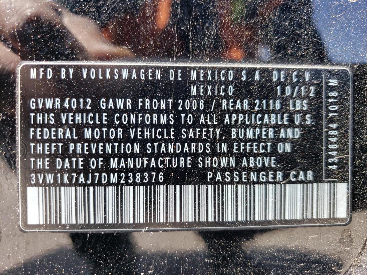 3VW1K7AJ7DM238376 2013 Volkswagen Jetta Base