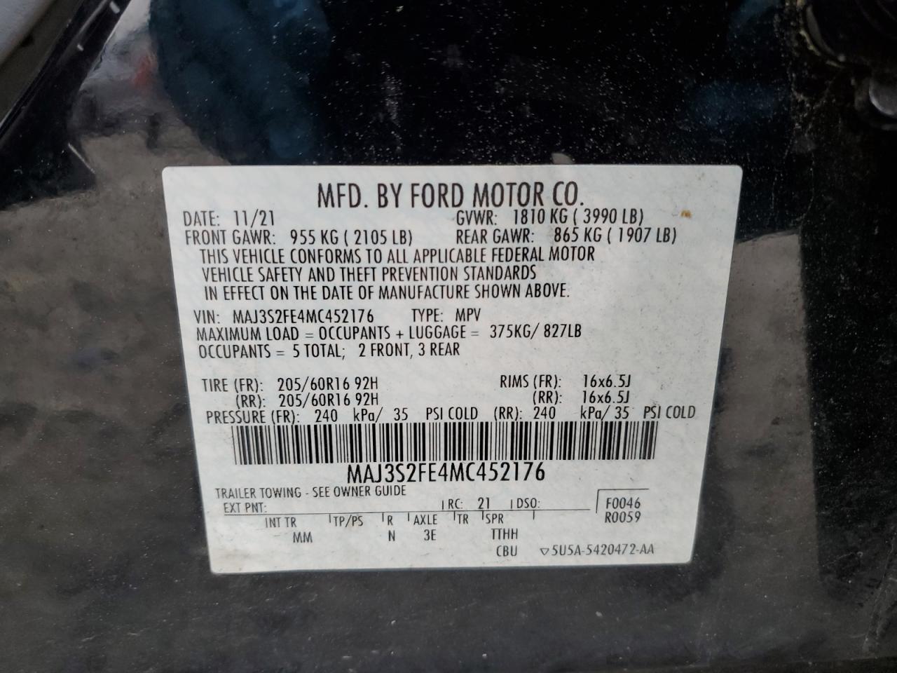 2021 Ford Ecosport S vin: MAJ3S2FE4MC452176