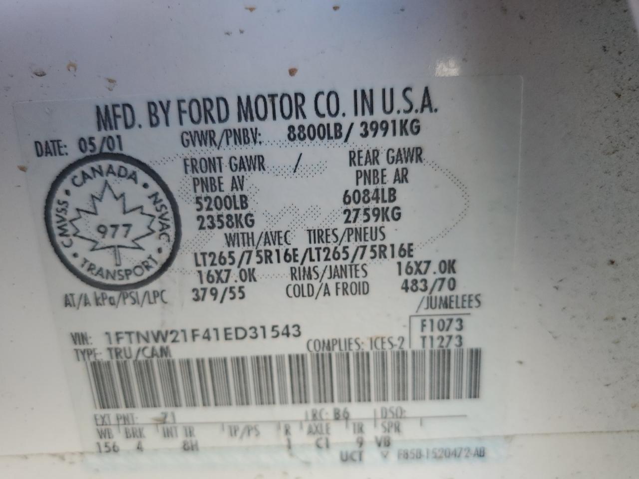 1FTNW21F41ED31543 2001 Ford F250 Super Duty