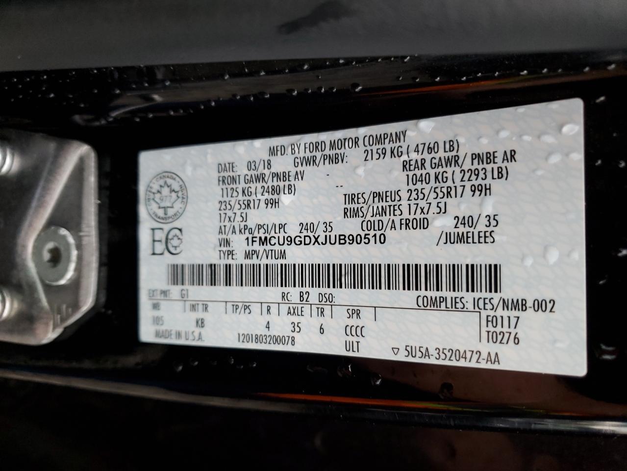 1FMCU9GDXJUB90510 2018 Ford Escape Se