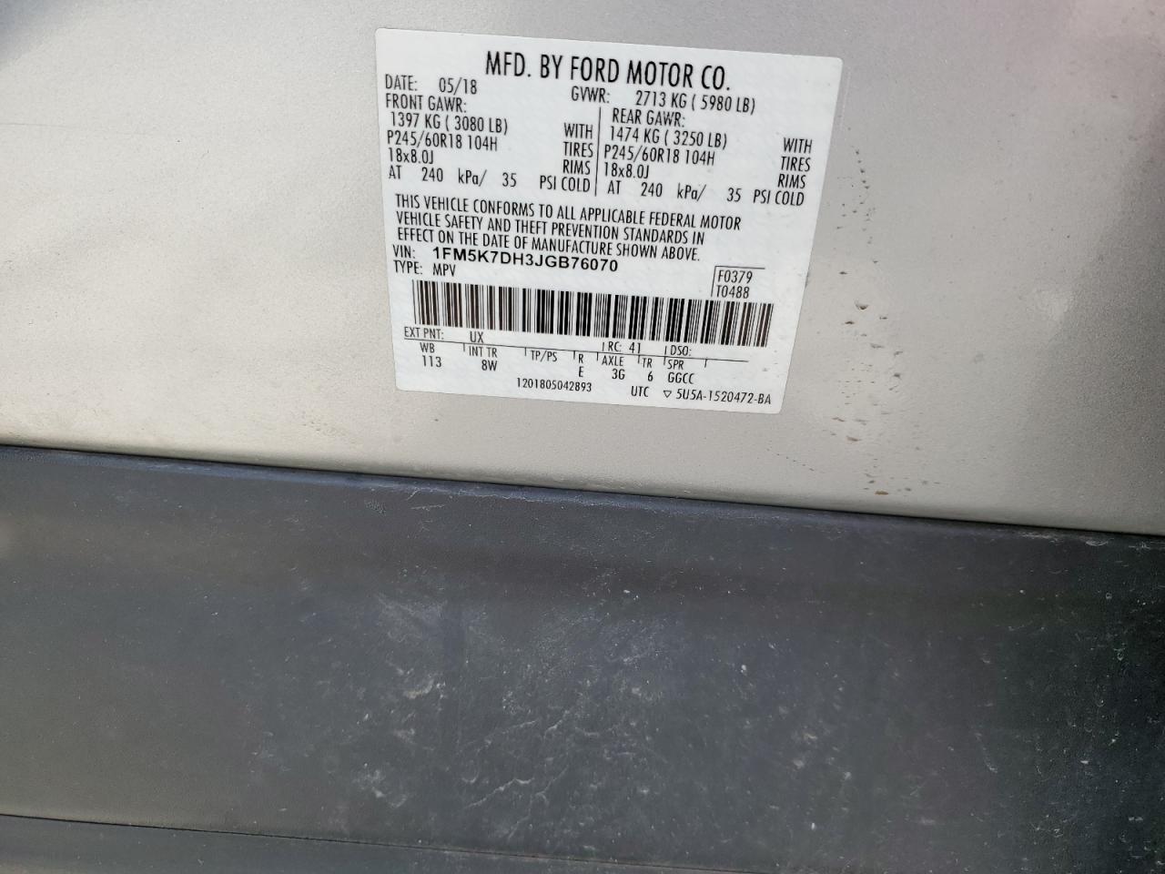 1FM5K7DH3JGB76070 FORD EXPLORER 2018