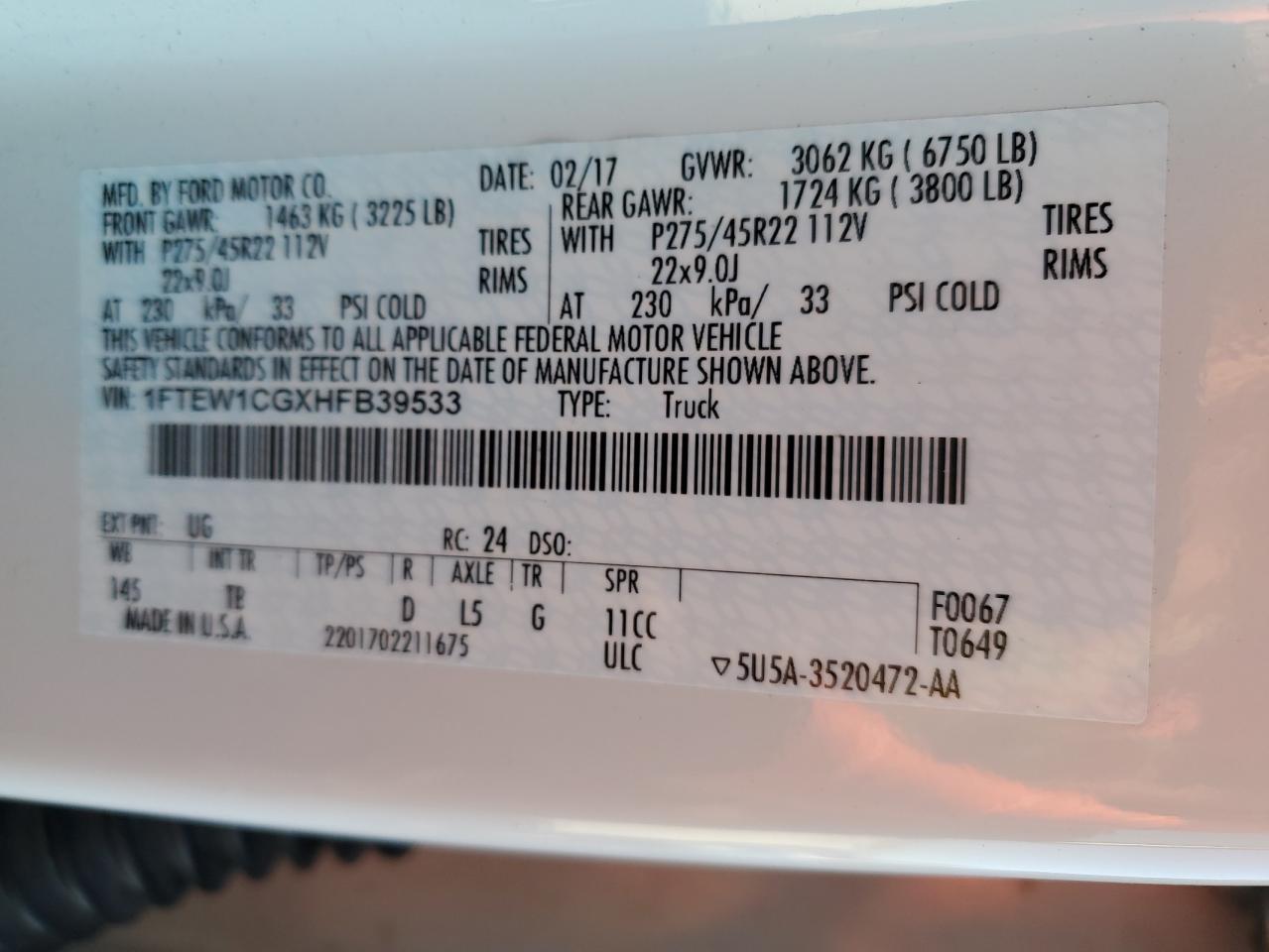 1FTEW1CGXHFB39533 FORD F-150 2017
