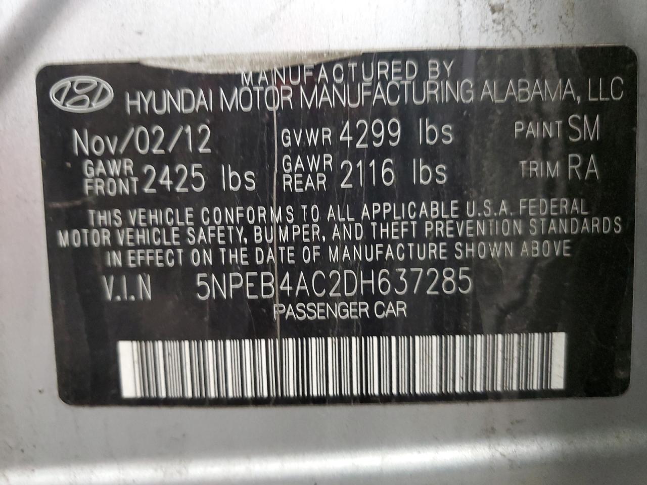 5NPEB4AC2DH637285 2013 Hyundai Sonata Gls