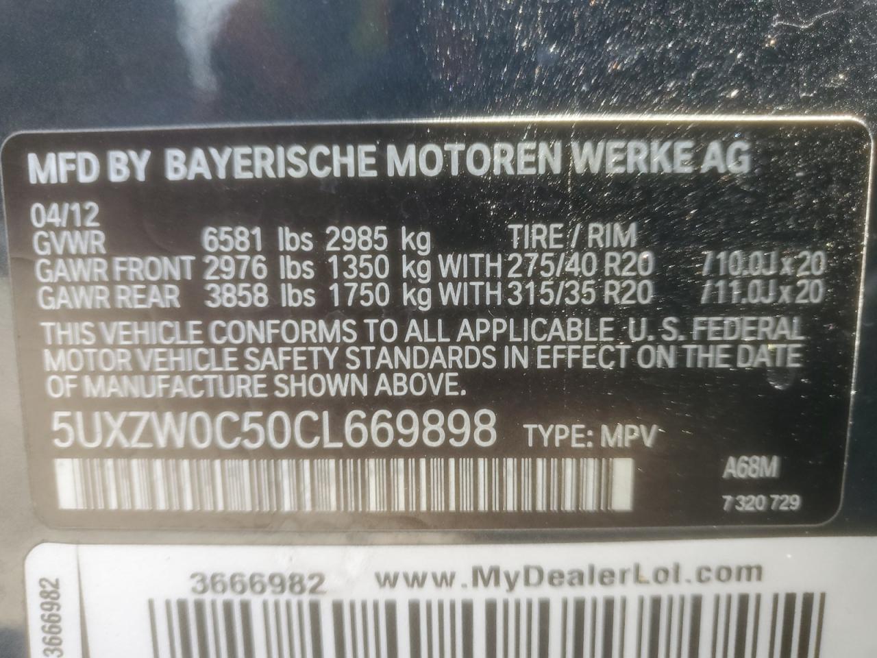 5UXZW0C50CL669898 2012 BMW X5 xDrive35D