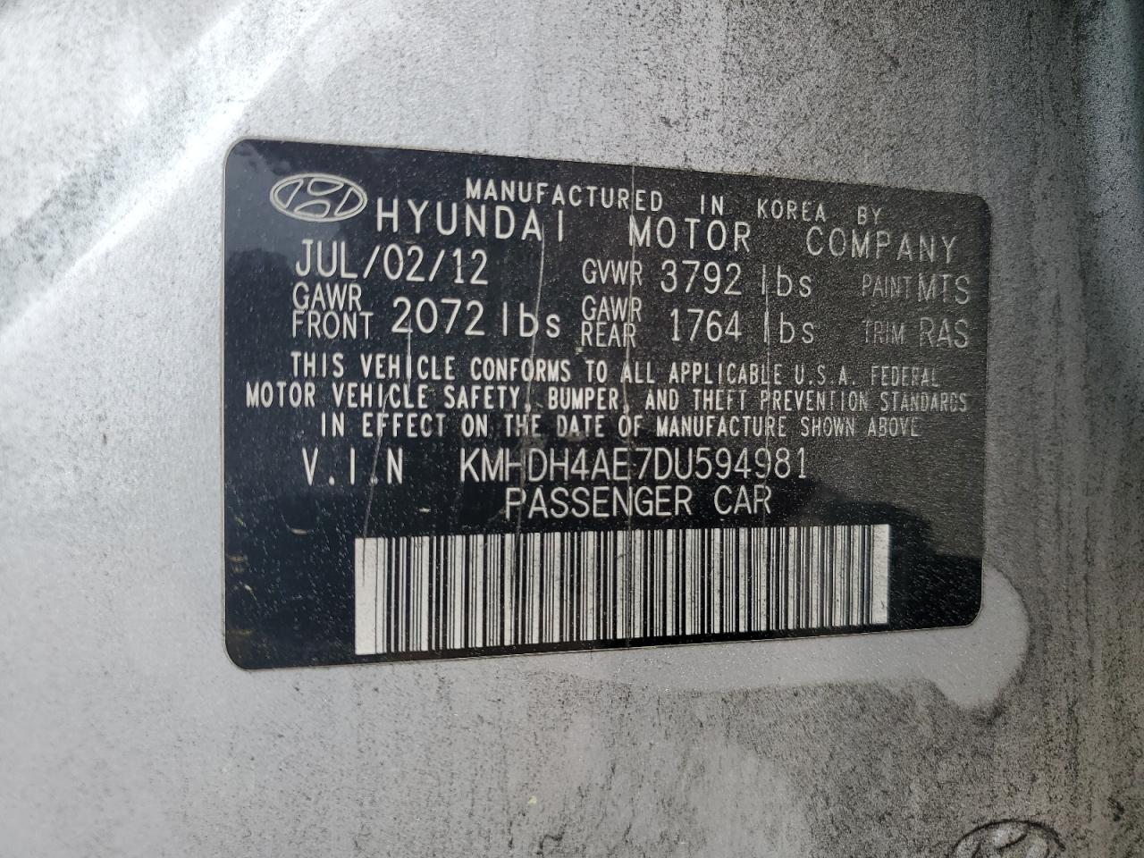 KMHDH4AE7DU594981 2013 Hyundai Elantra Gls