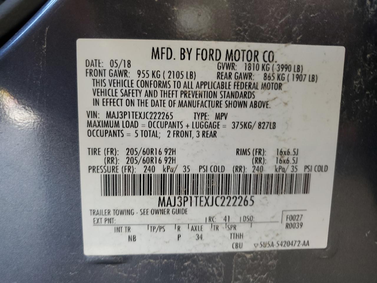 MAJ3P1TEXJC222265 2018 Ford Ecosport Se