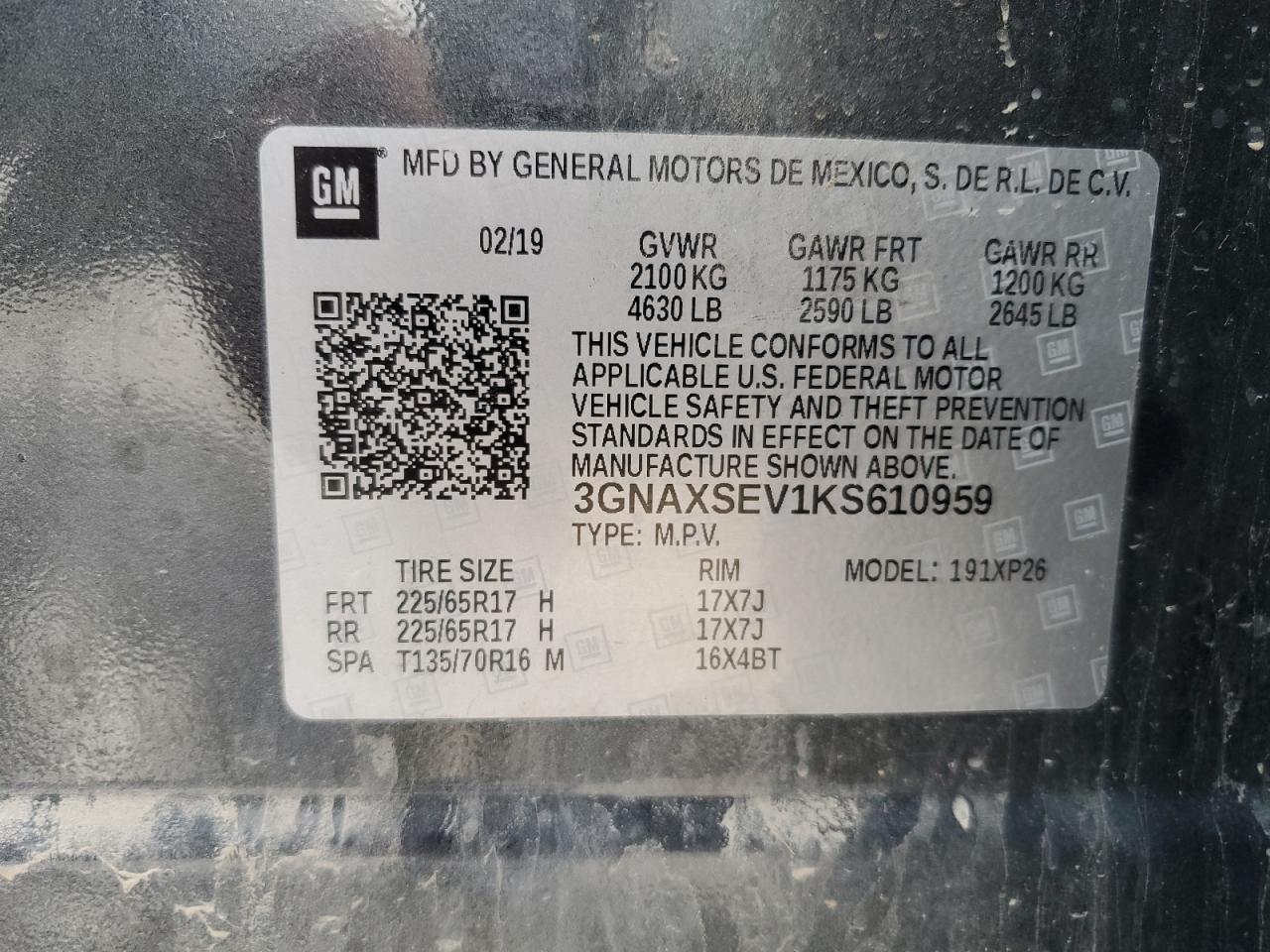 3GNAXSEV1KS610959 CHEVROLET EQUINOX 2019