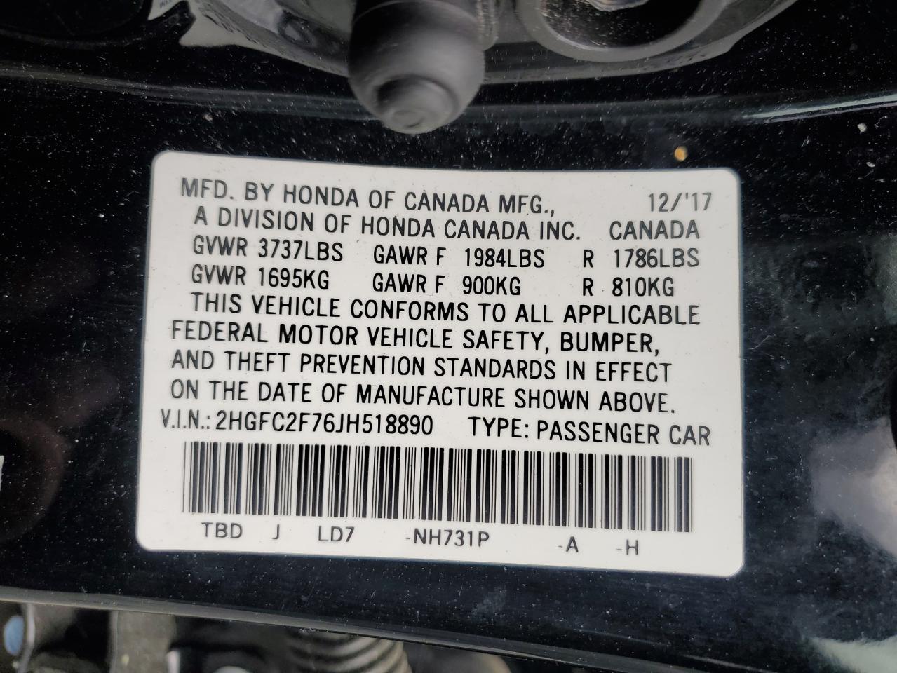 2HGFC2F76JH518890 2018 Honda Civic Ex