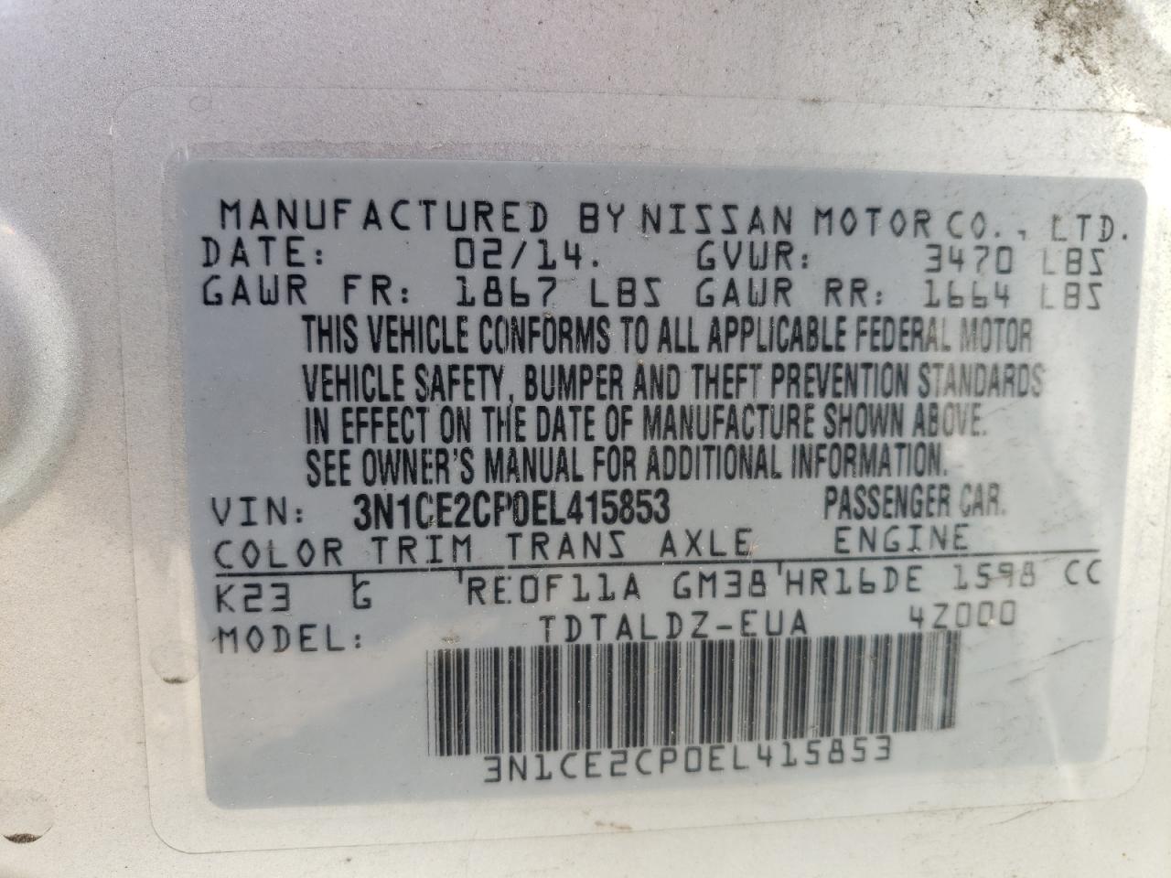3N1CE2CP0EL415853 2014 Nissan Versa Note S