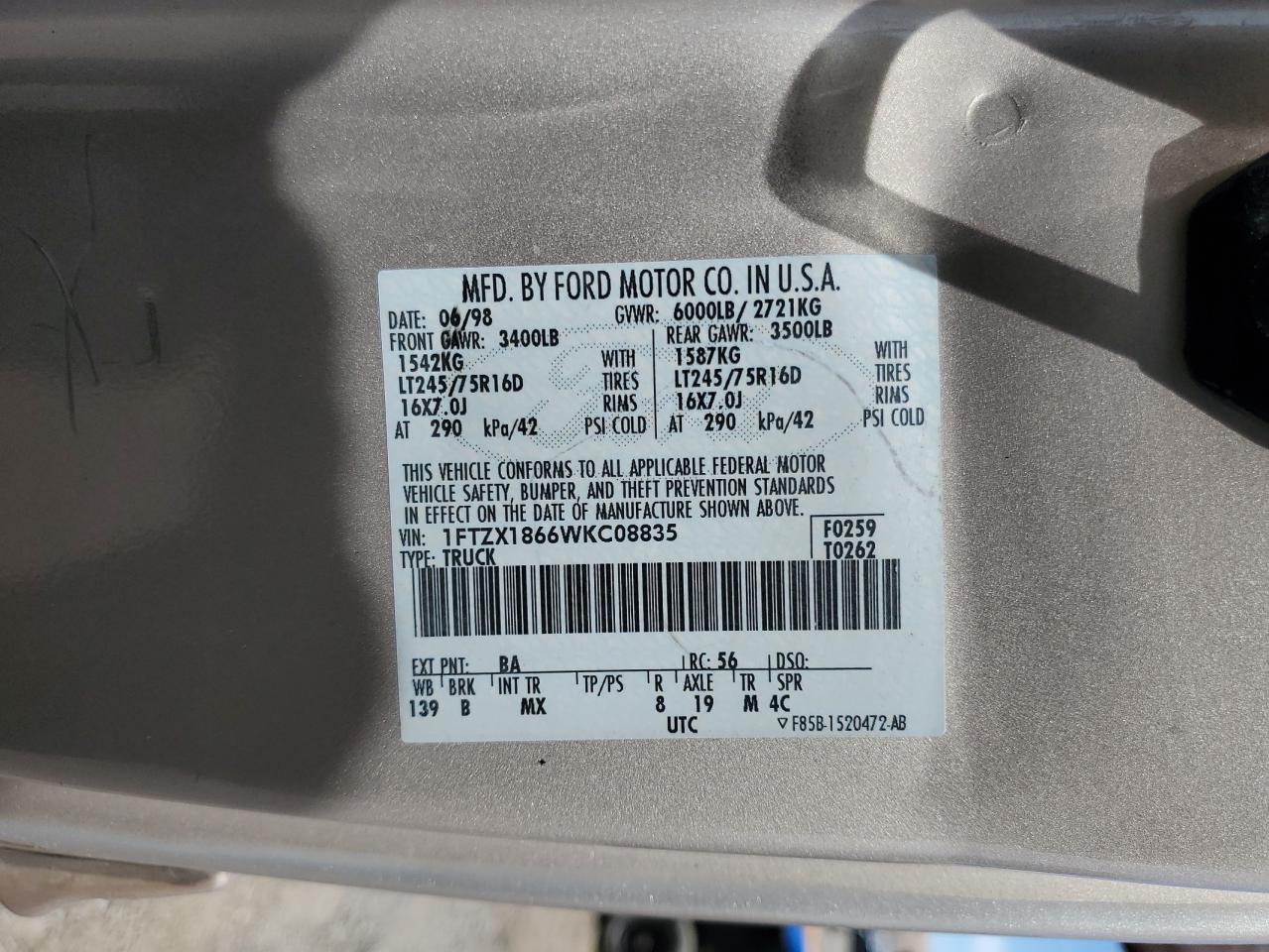 1FTZX1866WKC08835 1998 Ford F150