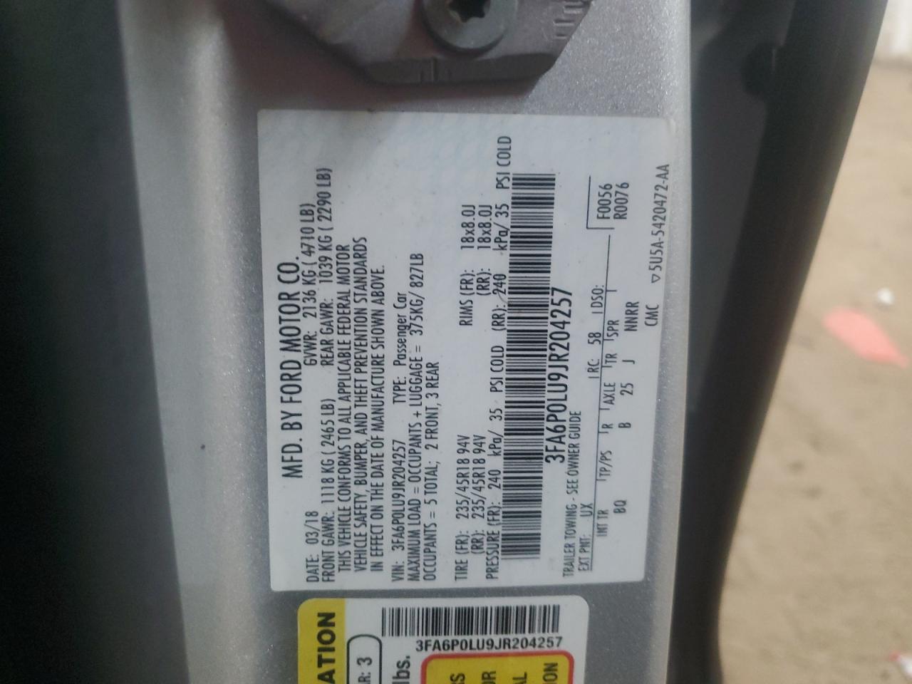3FA6P0LU9JR204257 FORD FUSION 2018