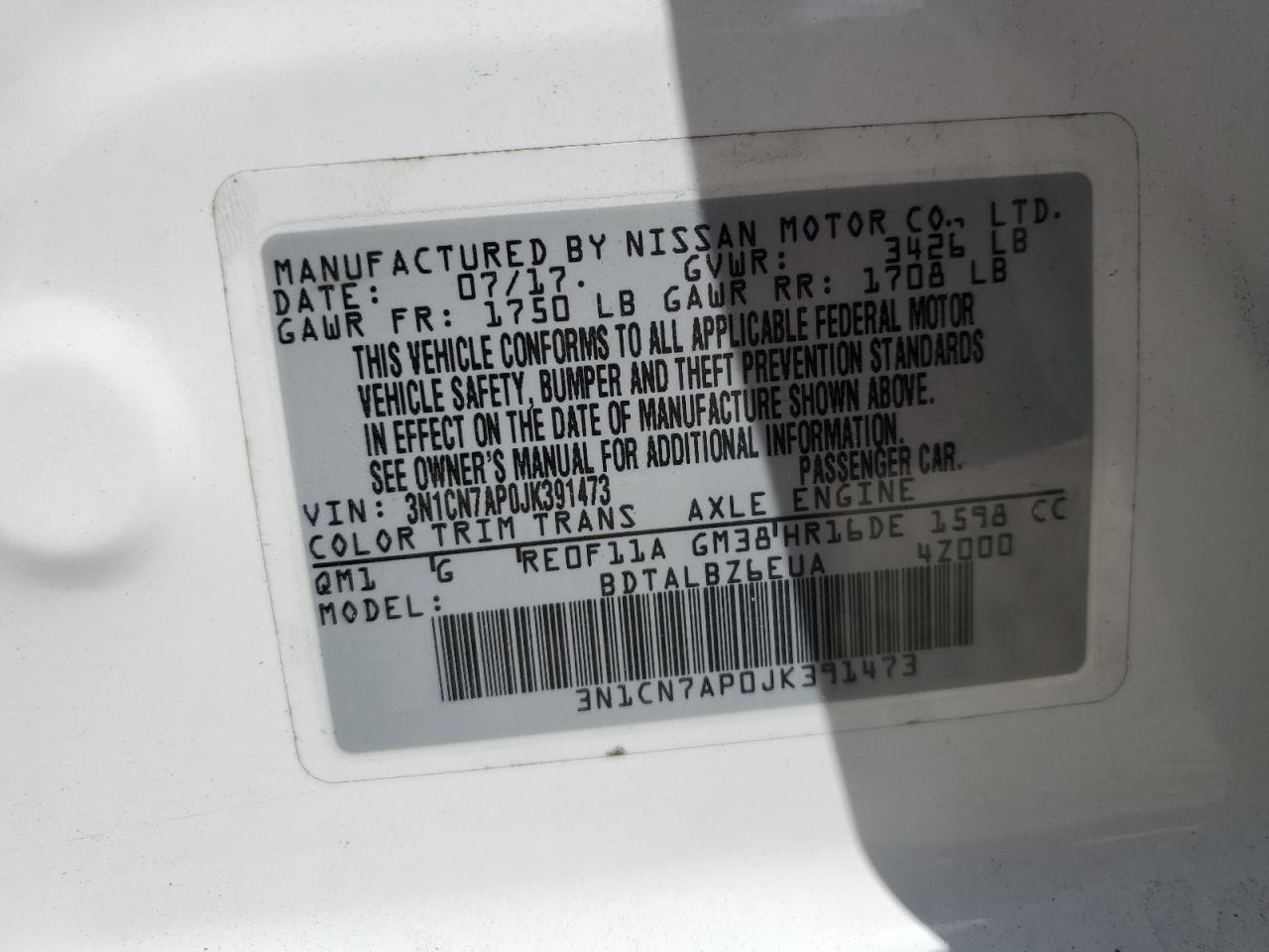 3N1CN7AP0JK391473 NISSAN VERSA 2018