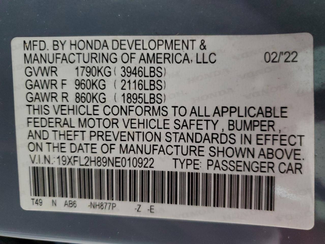 19XFL2H89NE010922 HONDA CIVIC 2022