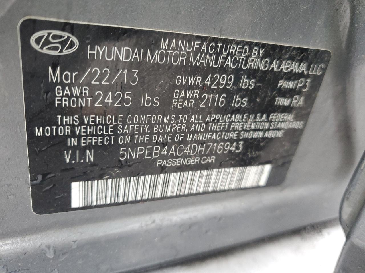 5NPEB4AC4DH716943 2013 Hyundai Sonata Gls