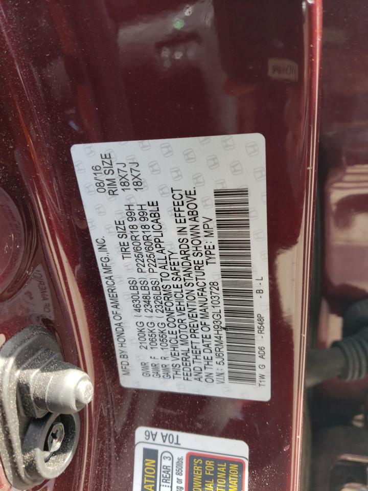 5J6RM4H93GL103728 HONDA CRV 2016