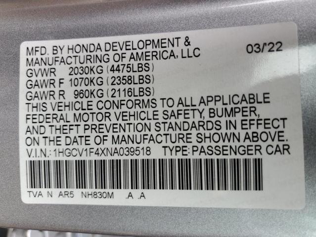 2022 Honda Accord Sport Se VIN: 1HGCV1F4XNA039518 Lot: 50938754