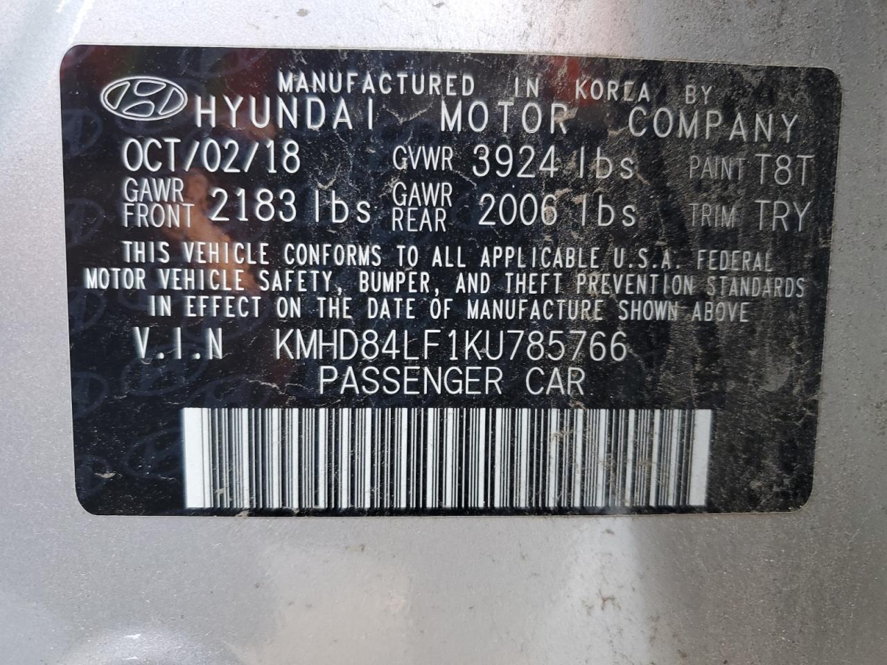 KMHD84LF1KU785766 2019 Hyundai Elantra Sel