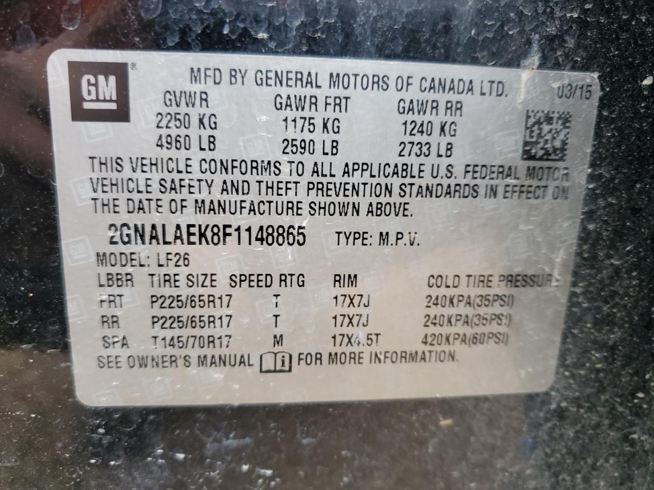 2GNALAEK8F1148865 2015 Chevrolet Equinox Ls