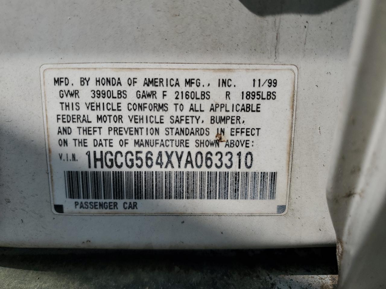 1HGCG564XYA063310 2000 Honda Accord Lx