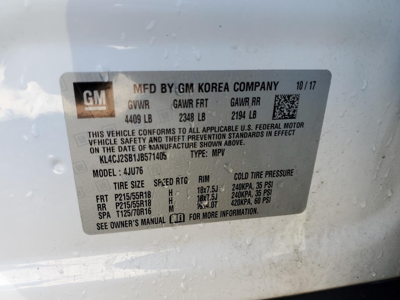 KL4CJ2SB1JB571405 2018 Buick Encore Sport Touring