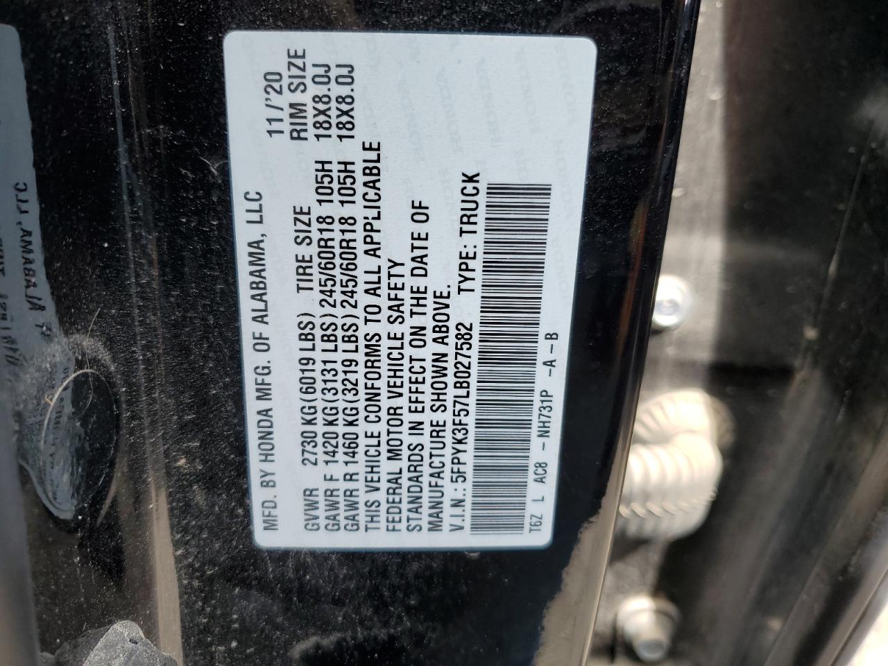 5FPYK3F57LB027582 HONDA RIDGELINE 2020