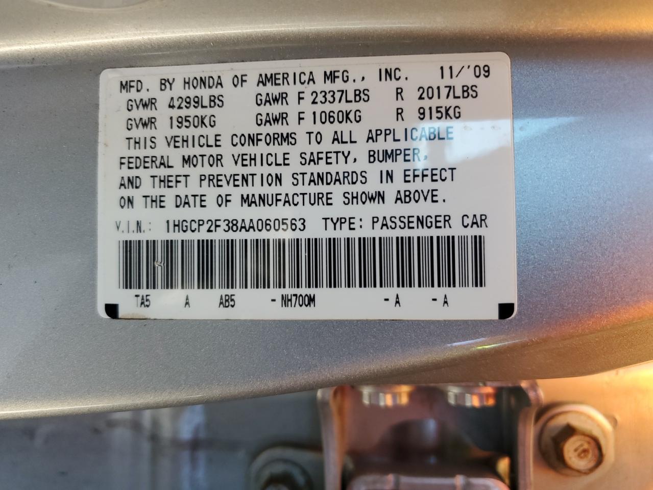 1HGCP2F38AA060563 2010 Honda Accord Lx