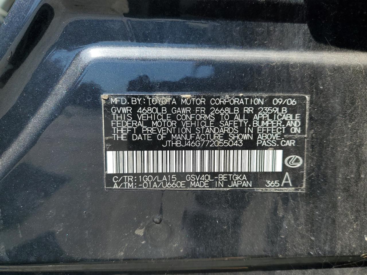 JTHBJ46G772055043 2007 Lexus Es 350