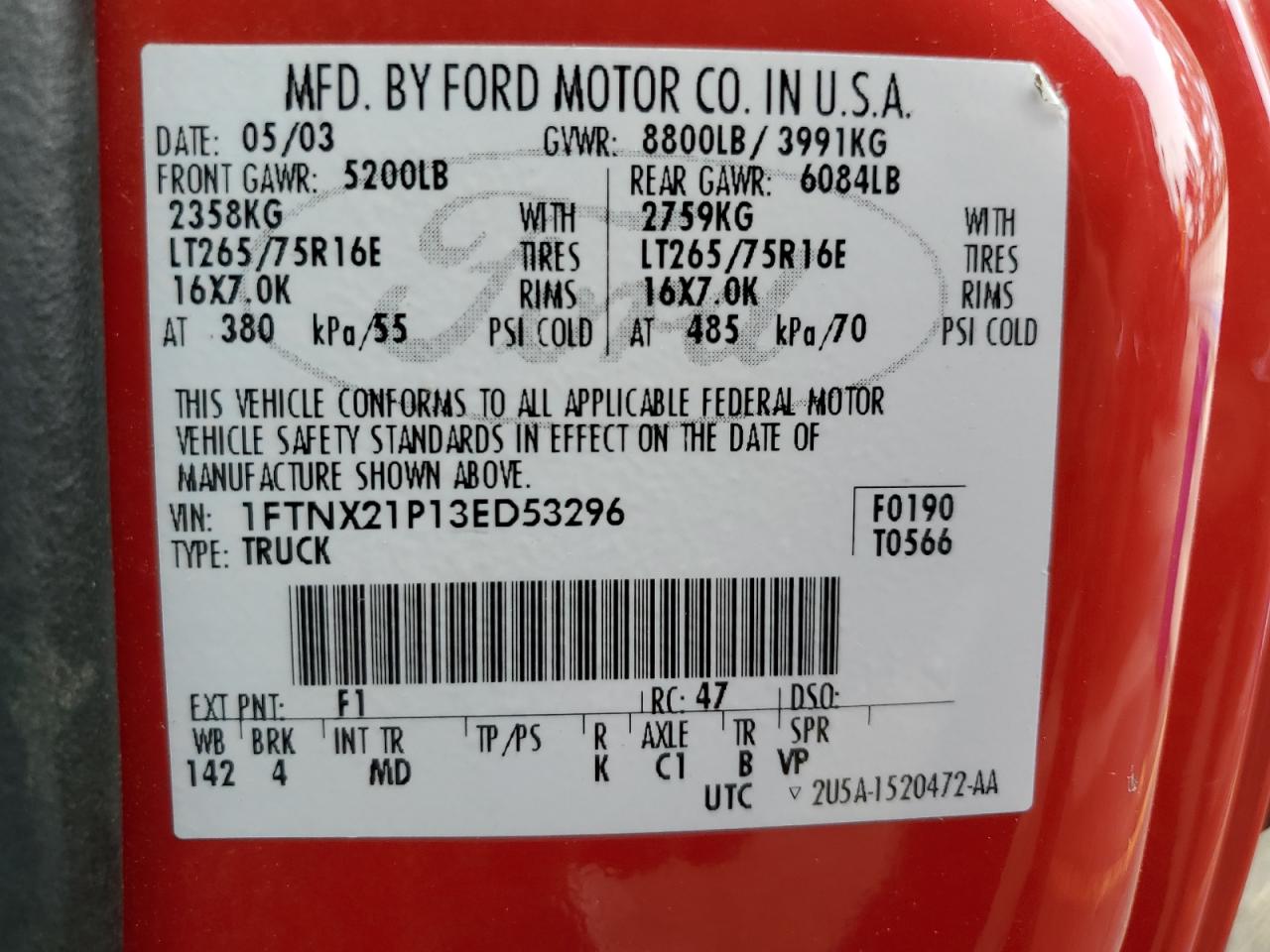 1FTNX21P13ED53296 2003 Ford F250 Super Duty