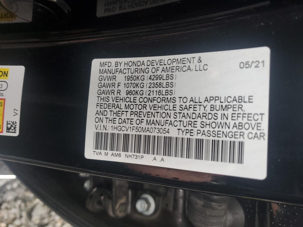 1HGCV1F50MA073054 2021 Honda Accord Exl