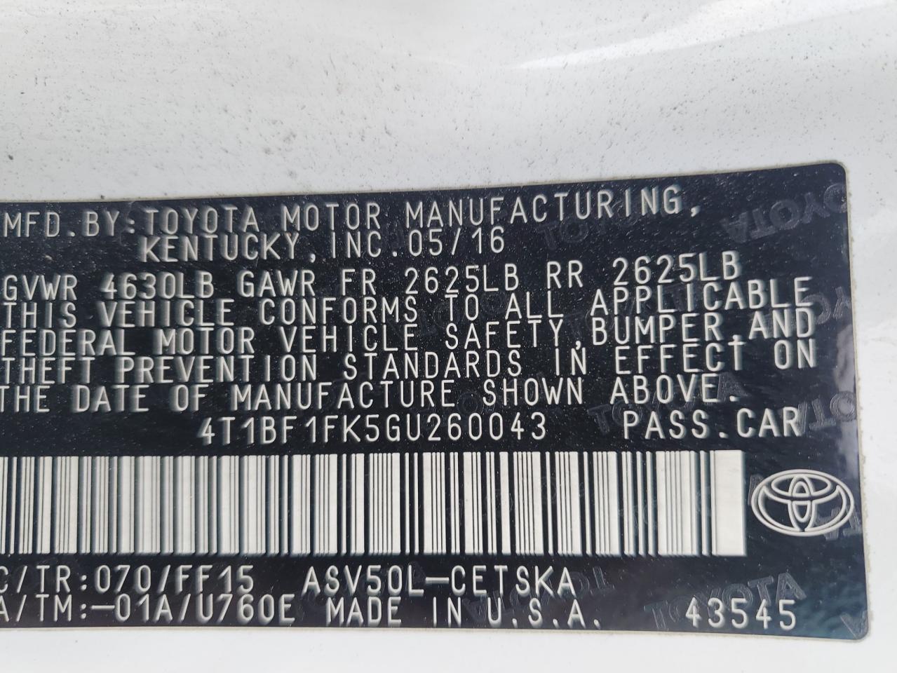 4T1BF1FK5GU260043 2016 Toyota Camry Le