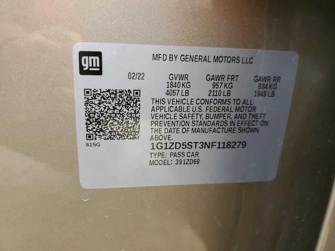 1G1ZD5ST3NF118279 CHEVROLET MALIBU 2022