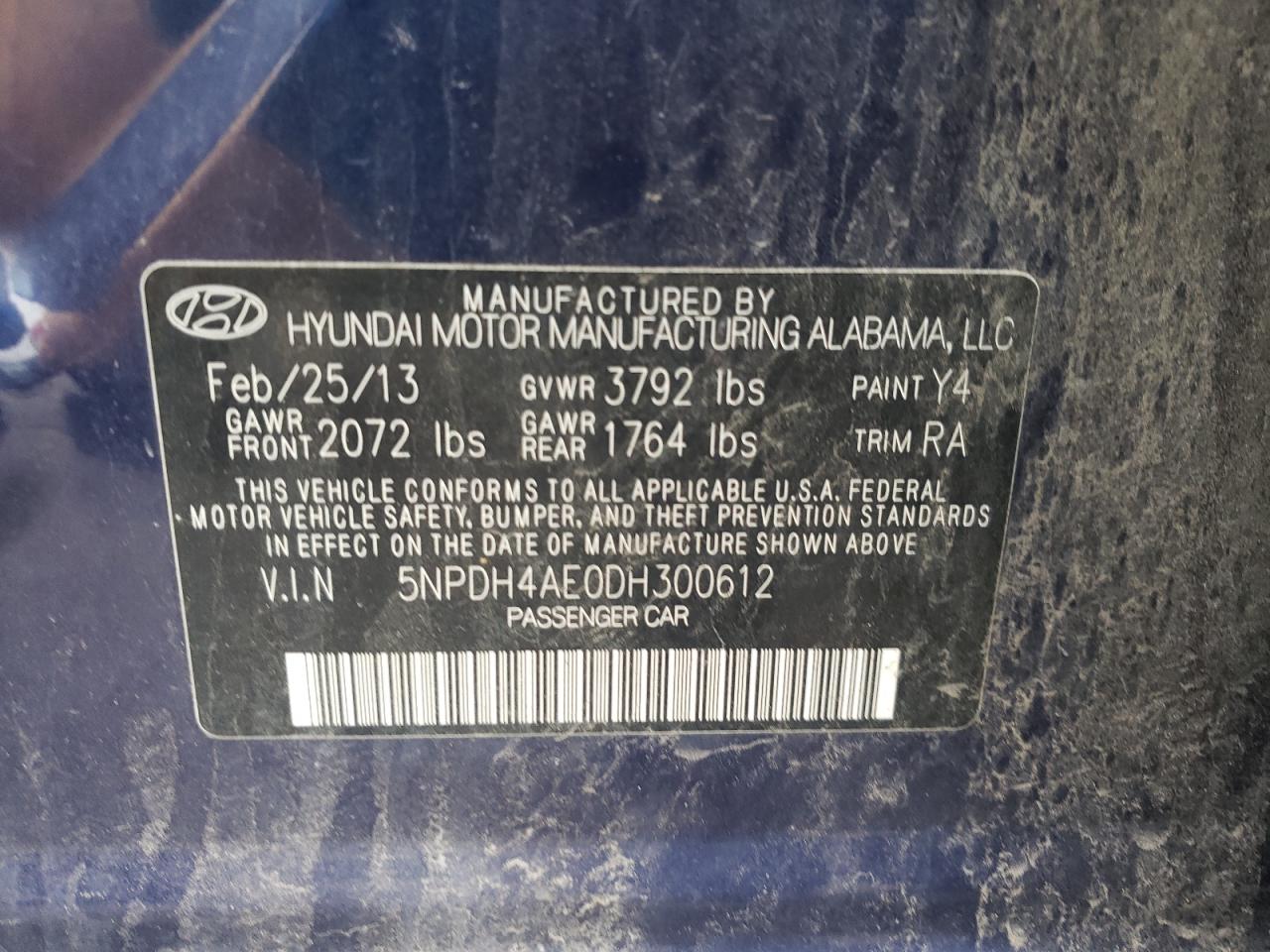 5NPDH4AE0DH300612 2013 Hyundai Elantra Gls