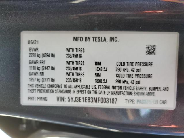 VIN 5YJ3E1EB3MF003187 Tesla Model 3  2021 12