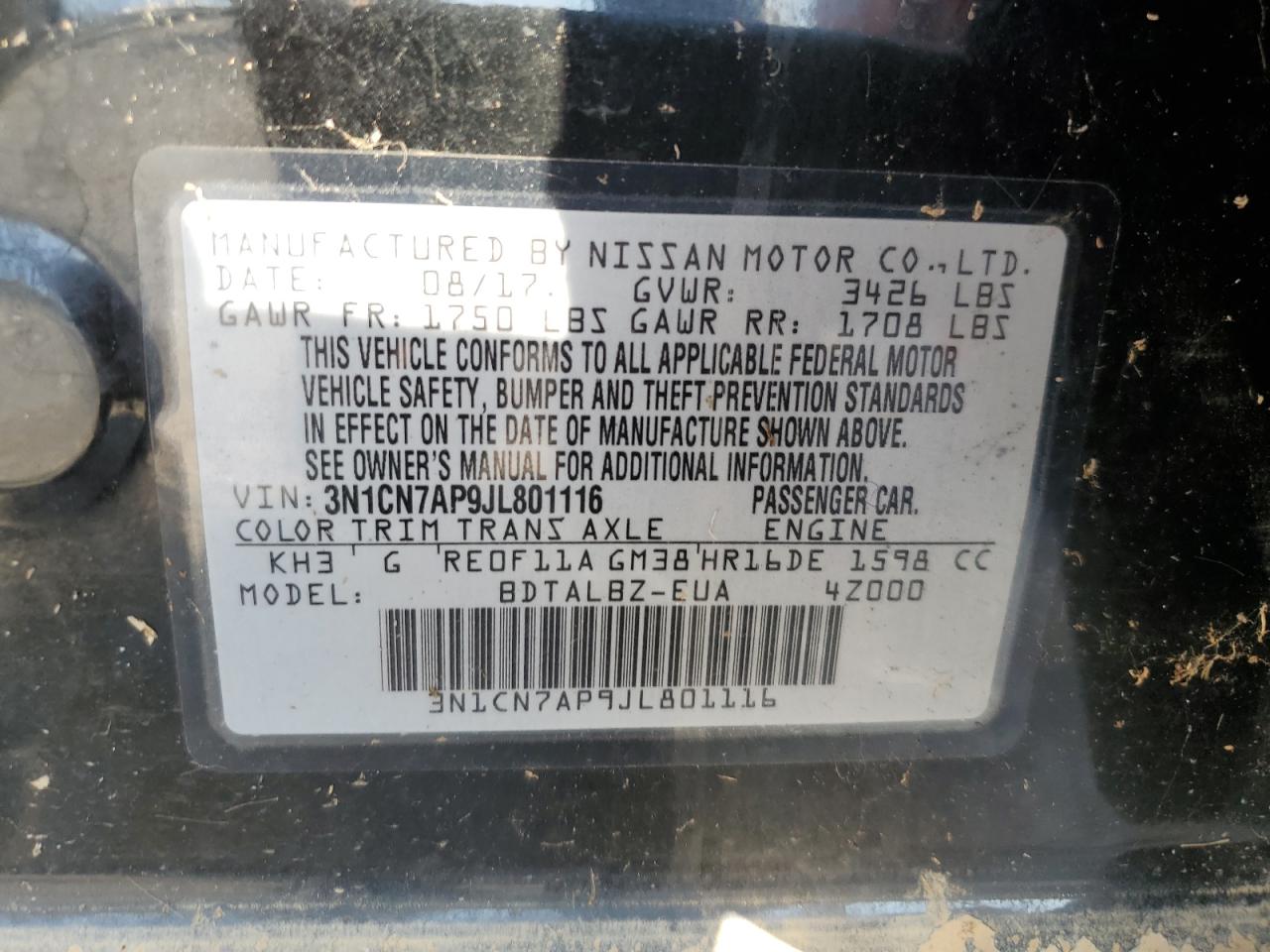 3N1CN7AP9JL801116 2018 Nissan Versa S