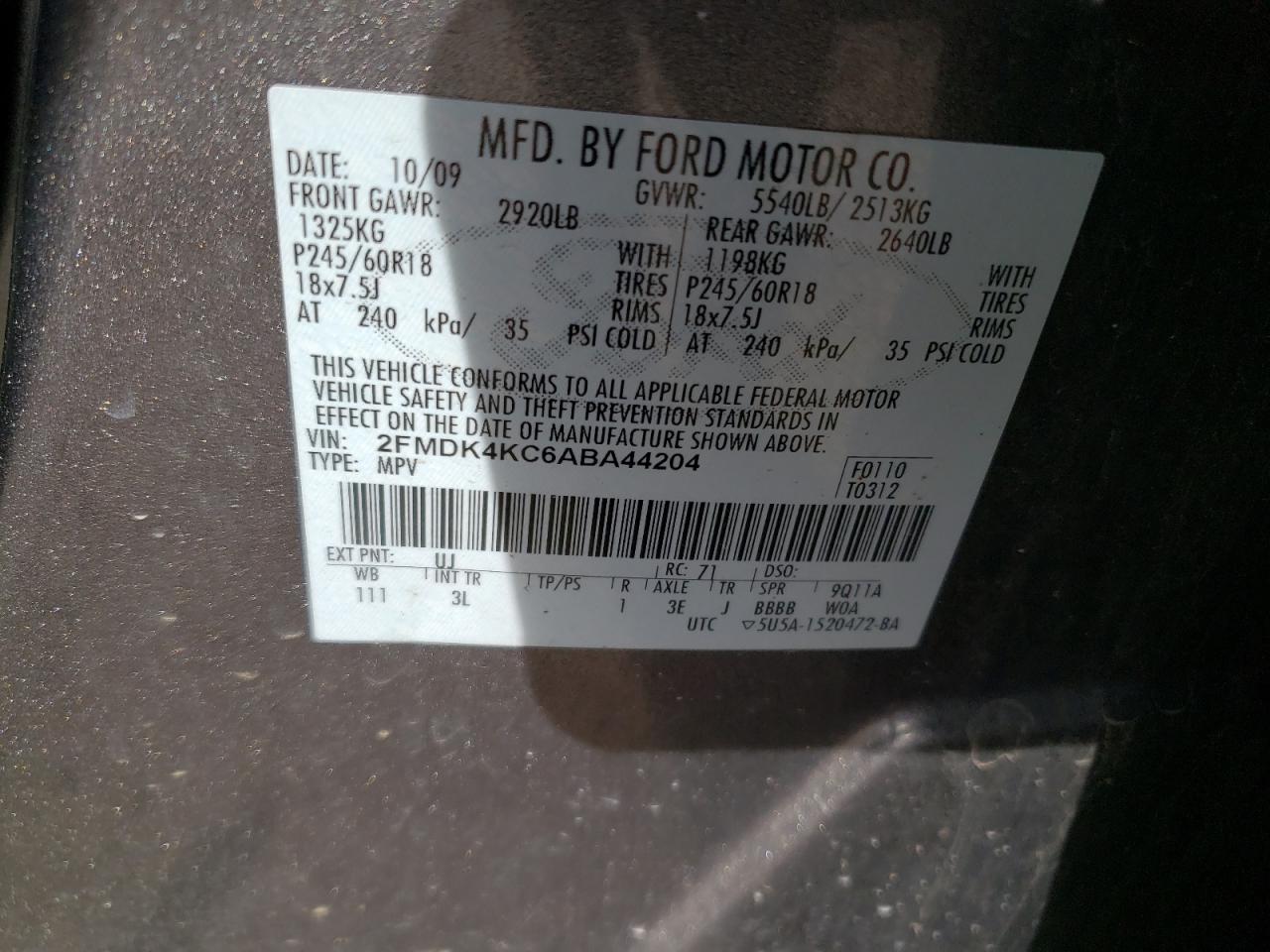 2FMDK4KC6ABA44204 2010 Ford Edge Limited