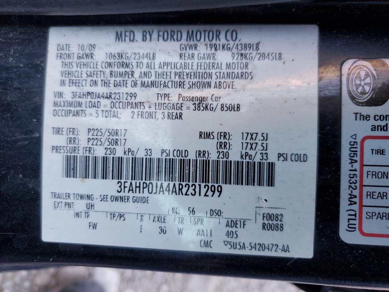 3FAHP0JA4AR231299 2010 Ford Fusion Sel