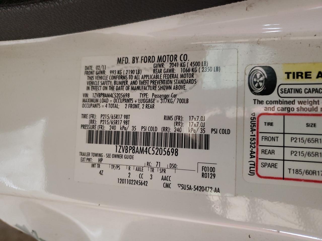 1ZVBP8AM4C5205698 2012 Ford Mustang