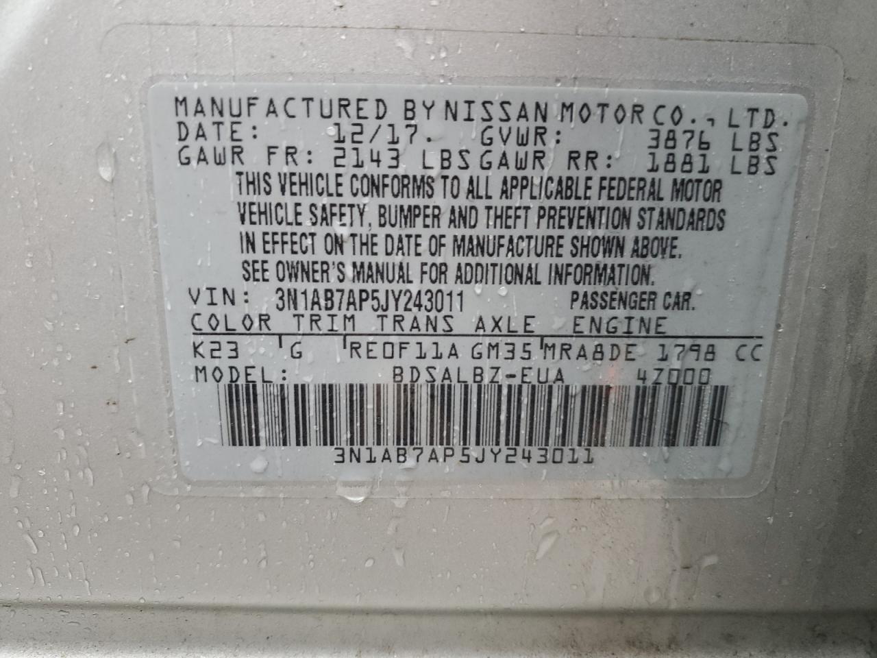 3N1AB7AP5JY243011 2018 Nissan Sentra S